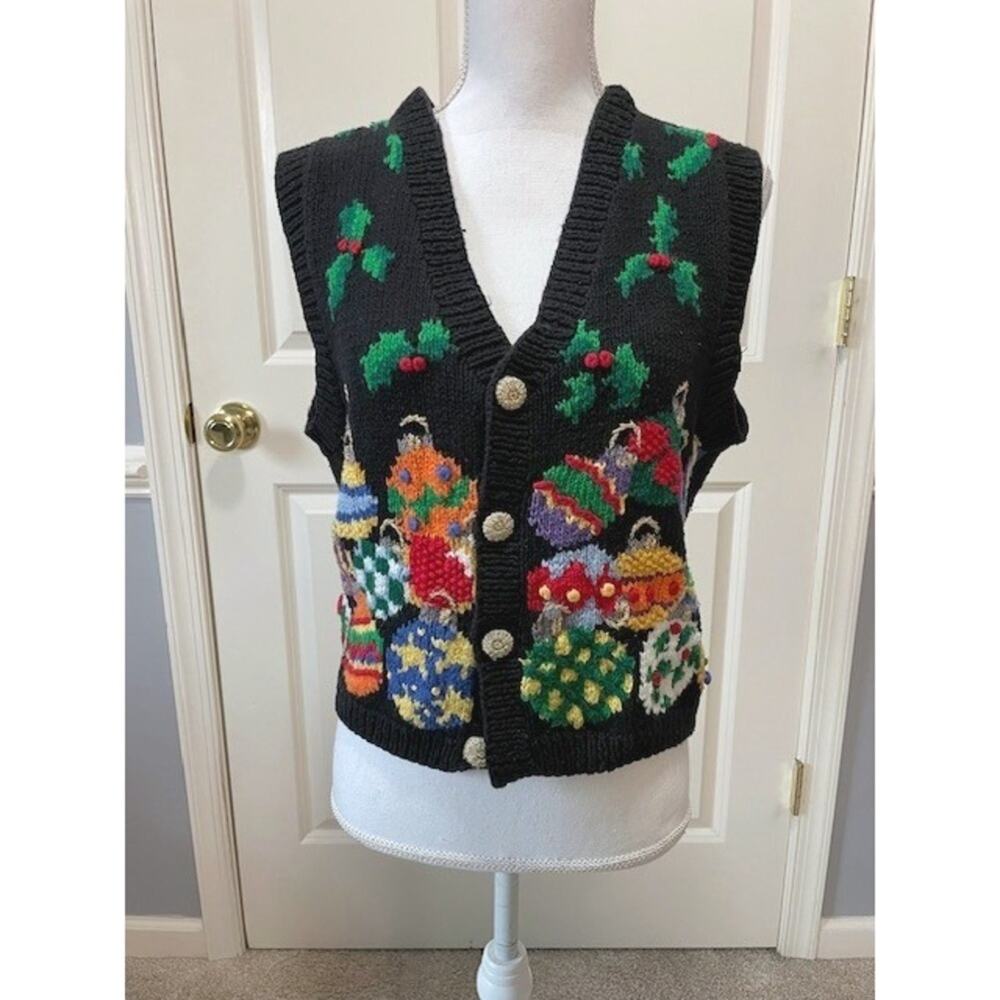 Vintage Eagle's Eye Large Hand Knit Holiday Sweater Vest Black Cotton Christmas